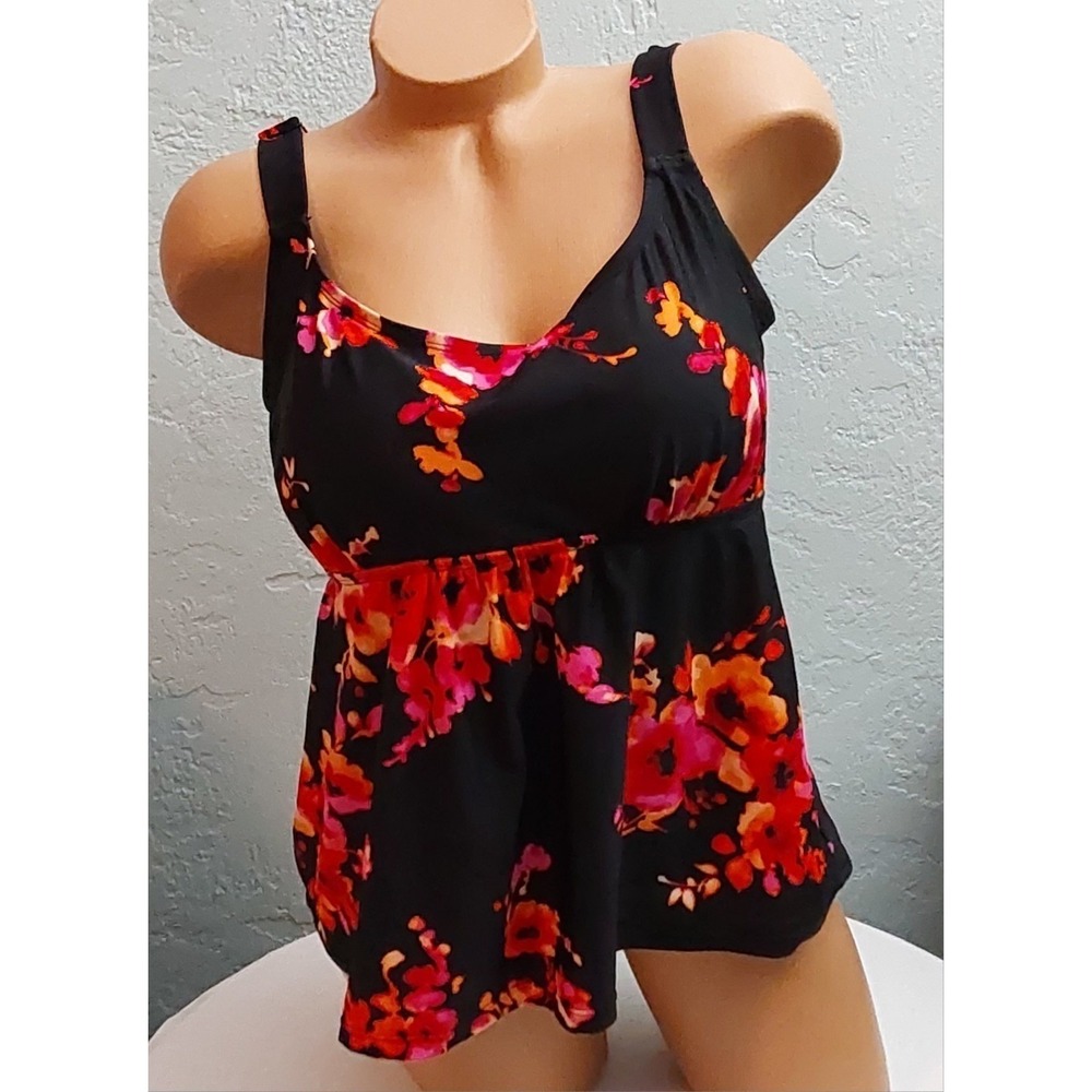 BEACH BELLE swim Tankini Top Black Red Built-In Bra Swimwear Women's Size 16
